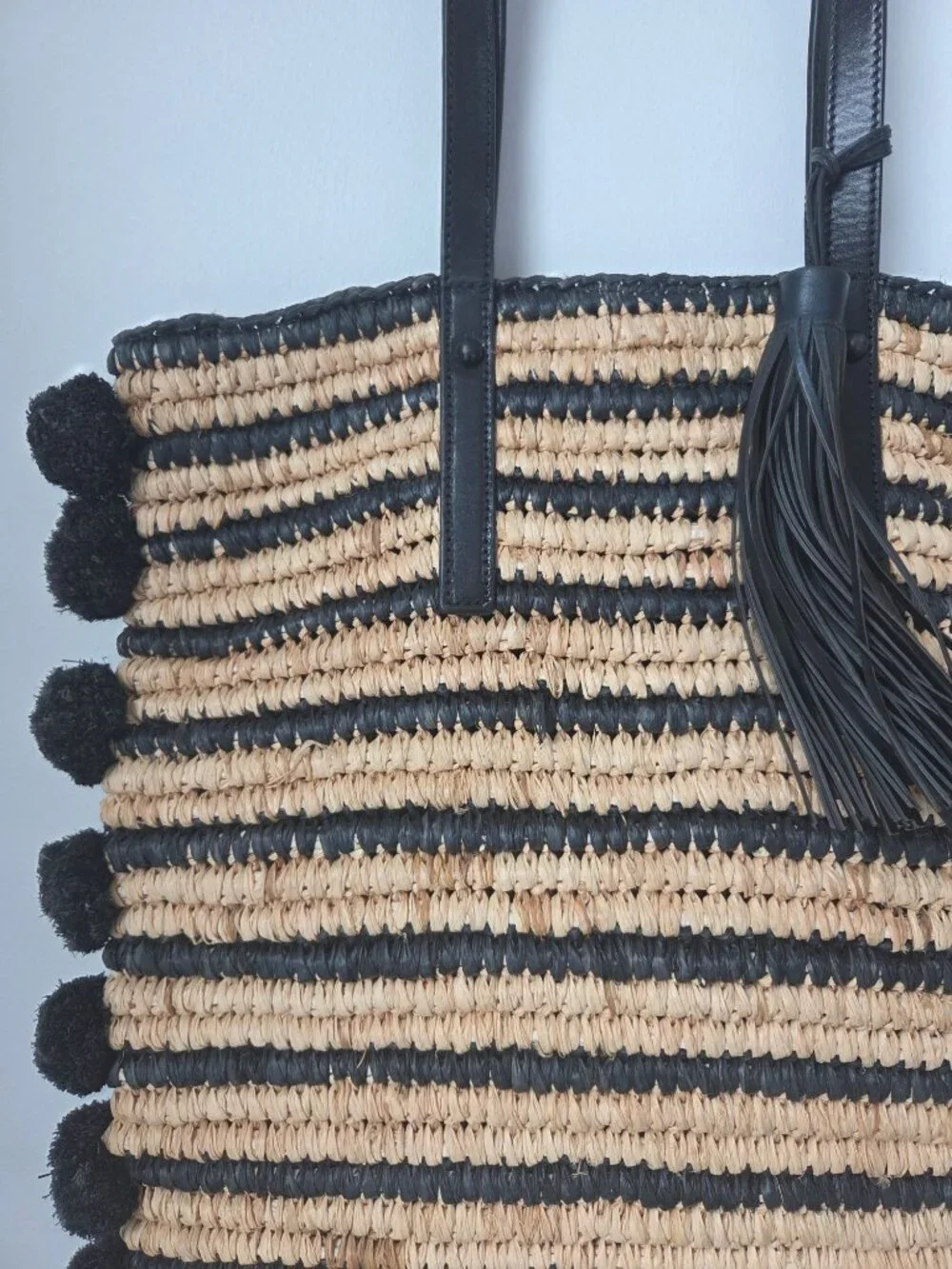 Loeffler Randall Striped Straw Tote Black Leather Straps & Tassel Pom-Pom Edges